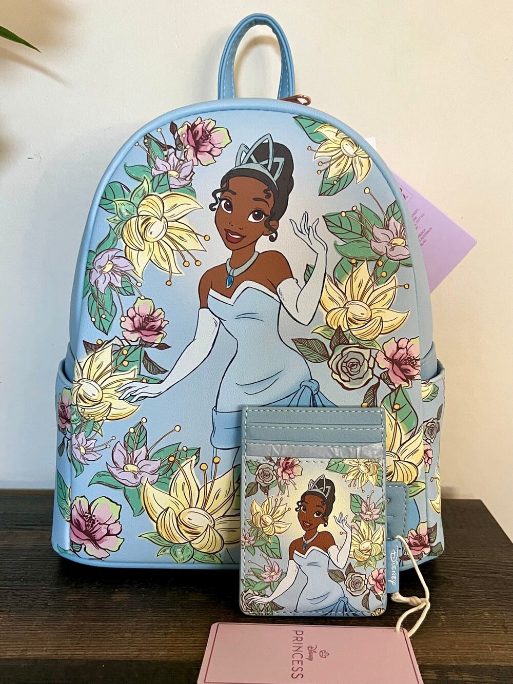 Loungefly Tiana And The Frog Blue Floral Mini Backpack And Card Holder